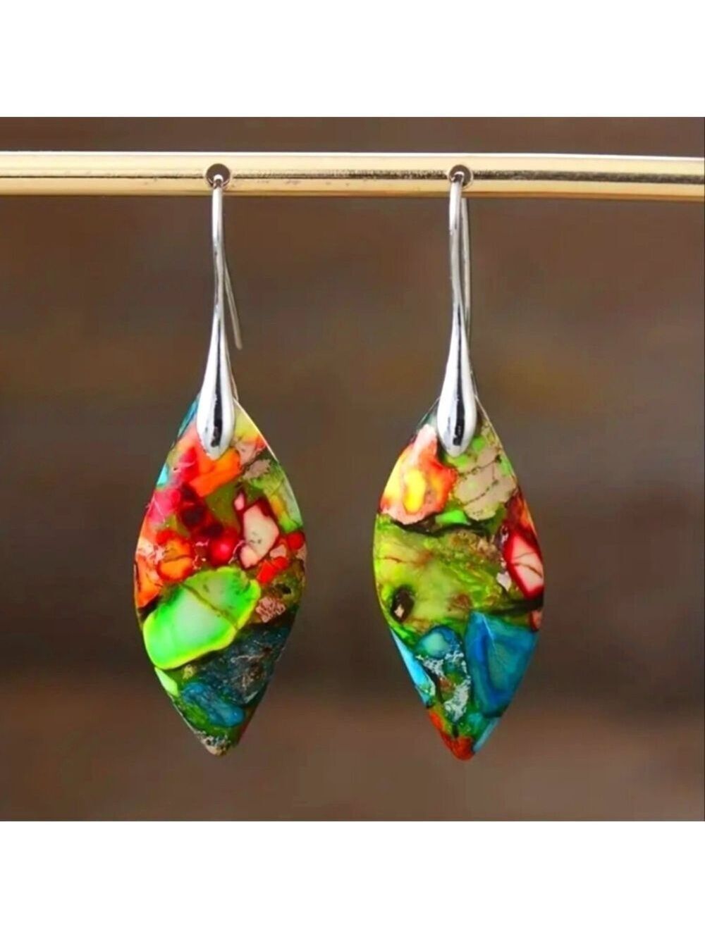 Multicolor Jasper Stone in Stainless Steel Hook Earrings